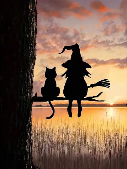 1 st förtrollande häxa och katt trädgårdsdekor - slitstark järnkonst med flygande kvast, perfekt för Halloween, gräsmatta, trädgård, uteplats utomhus, stubbeinsats, utomhus trädgårdsdekor | läskig tema dekor | häxdekor