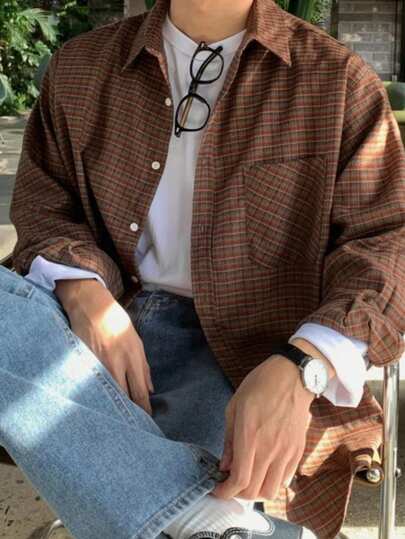 男士复古纹理格纹多扣长袖衬衫，四季皆宜，秋季款