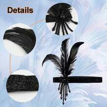 2件套1920年代复古风格女孩头饰项链套装 - 包括1个黑色串珠羽毛头饰和1条白色仿珍珠项链，精美礼品。采用仿珍珠、串珠和羽毛制成，适合化装舞会、角色扮演、装饰艺术主题派对、狂欢节、万圣节、毕业舞会和其他复古场合。