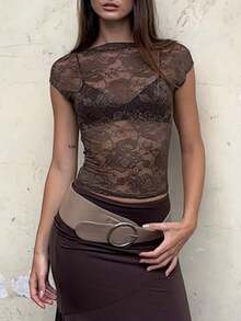 Women Y2K Lace Floral Crop Top Sexy See Through Sheer Mesh T Shirts Slim Fit Aesthetic Going Out Tees Tops Streetwear - 棕色 - 查看 3