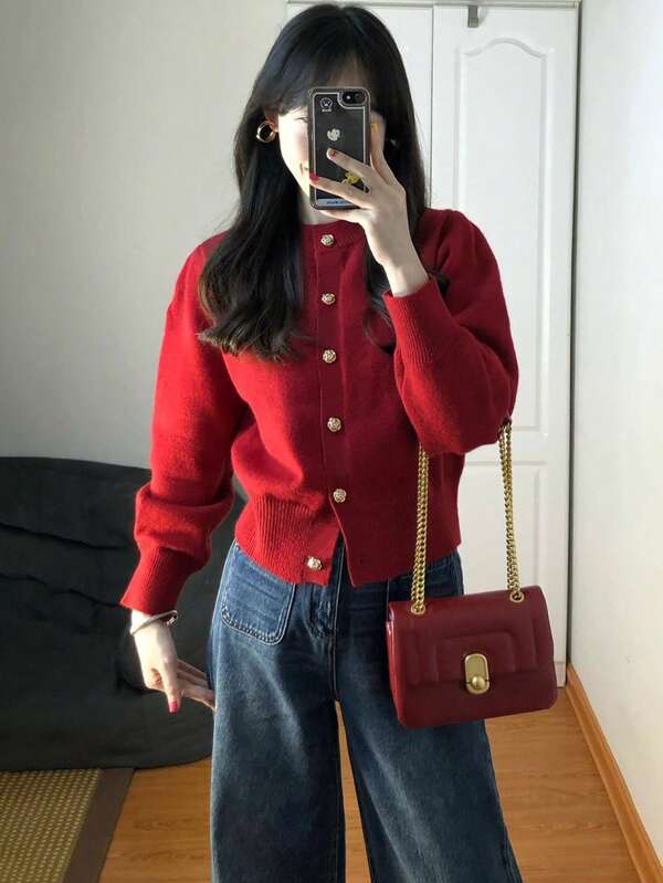 Vintage Elegant Rose Knitted Cardigan Top, Suitable For Christmas, New Year, Autumn/Winter