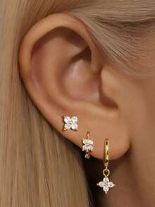 rakol 6pcs Set Elegant Shiny Copper Cubic Zirconia Four-Leaf Clover Hoop Earrings Set, Gift For Women - Style 11 - View 1