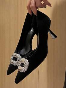 Fashionable & Elegant Rhinestone Decor Pointed Toe High Heels, Suitable For Commuting - Black - View 3