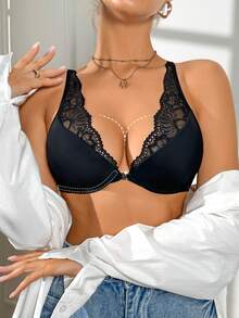 1pc Lace Patchwork Women's Bra, Sexy Underwire Enhances Bust