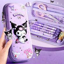 1 Stück Sanrio Großraum-Reißverschluss-Federmäppchen, Hello Kitty & Cinnamoroll Design, lila mit schwarzen Hasenohren, Cartoon-Thema Schüler-Organizer, Geschenk für den Schulanfang [Hinweis: Stifte und andere Utensilien sind nicht enthalten, nur das Federmäppchen]
