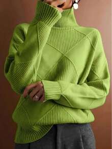 Plus Size Women Solid High Neck Long Sleeve Pullover Sweater, Autumn/Winter - 綠色 - 查看 1