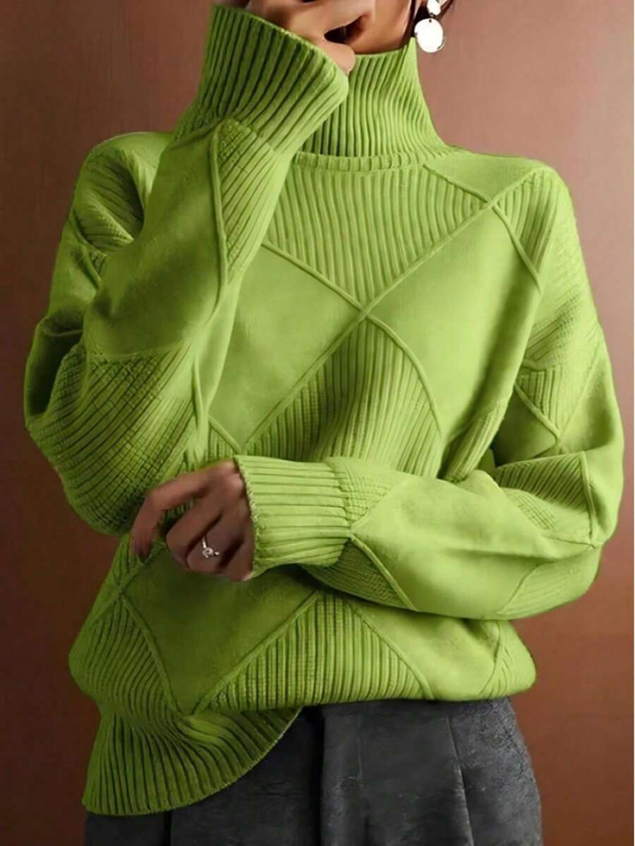 Plus Size Women Solid High Neck Long Sleeve Pullover Sweater, Autumn/Winter - 綠色 - 查看 1