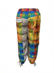 Street Color Contrast Bandage Patchwork Pockets Button Zipper Loose High Waist Wide Leg Patchwork Pants - màu sắc - Xem 5