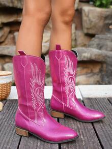 Fall/Winter 2025 Women's New Vintage American Style Embroidered Canvas Pointed Toe Western Boots Charming Sexy Fuchsia Glitter Canvas Chic High Shaft Boots High Heel Chunky Heel Riding Boots Fashionable Punk Style Chelsea Boots,Cowboy Boots - Hot Pink - View 6
