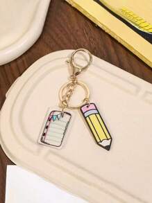 1 件简约铅笔和书钥匙扣，休闲时尚毕业学校风格大铅笔带 2D 亚克力旗帜书钥匙扣，教师节礼物，纪念和多功能配件万圣节配饰教师节 - 彩色 - 查看 3