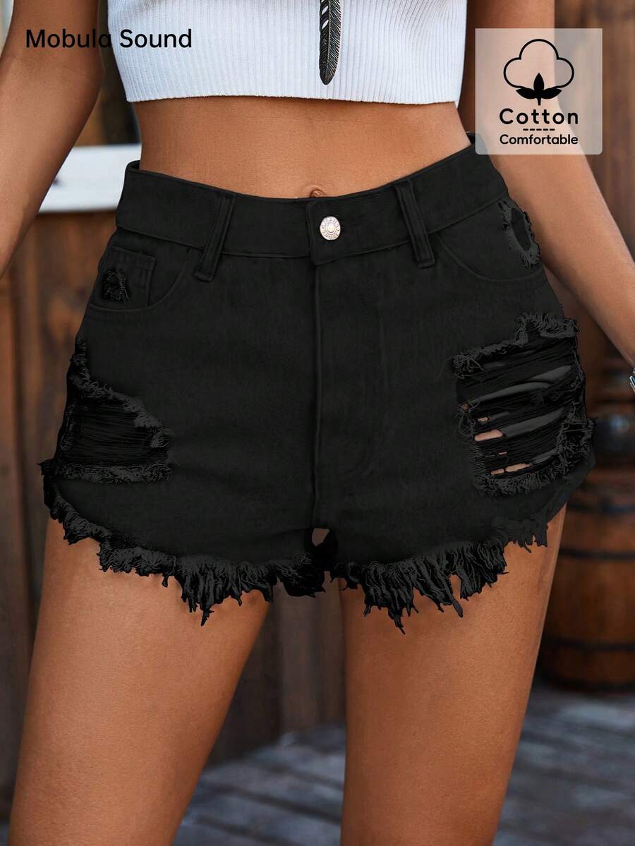 Mobula Sound Y2K Millennium Fashion Distressed Elegant Vacation Student College Ladies Denim Shorts, Versatile Casual Sexy Music Festival Style, Spring & Summer Black - Black - View 1