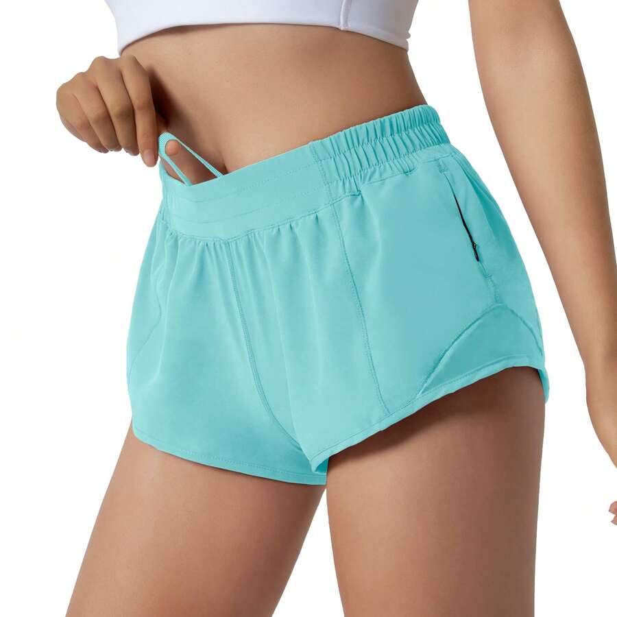 Shorts de running de tiro bajo para mujer de 6,35 cm: forro integrado, ligeros y de secado rápido con bolsillo de malla. - Azul hielo - Ver 1