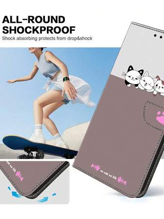 GLANDOTU Compatible With Samsung Galaxy And Other Brand & Model Phones. 3D Creative Triple Cat Dual-Fold PU Leather Flip Cover Phone Case With Card Slots, Anti-Theft Card Slot, Wallet Function And Lanyard