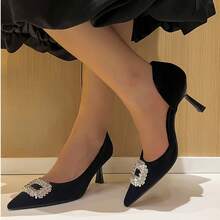 Fashionable & Elegant Rhinestone Decor Pointed Toe High Heels, Suitable For Commuting - Black - View 2