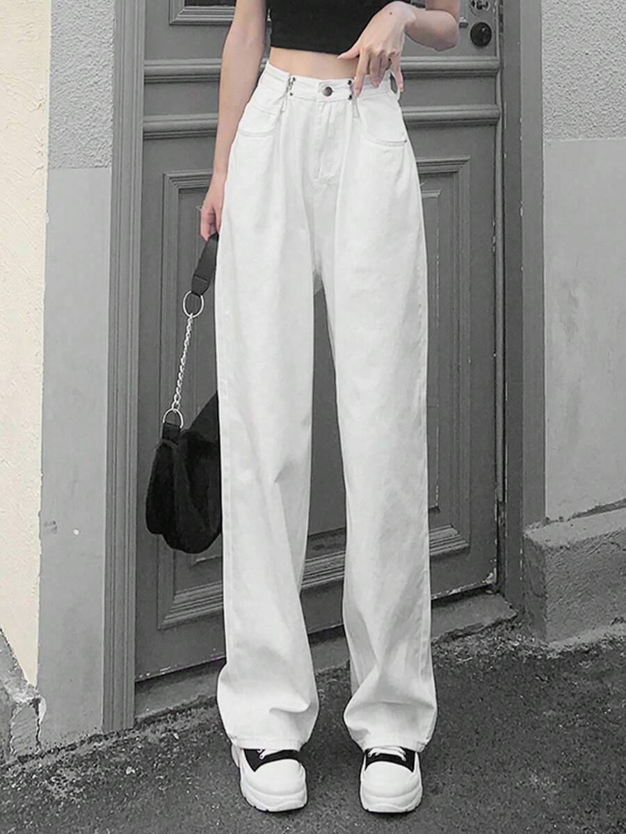 Women's New Loose Fit Straight Leg Jeans, Slimming, Casual, Autumn/Winter - White - View 1