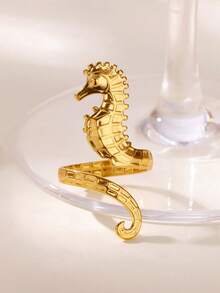 Anel em aço inoxidável banhado a ouro 18K com cavalo-marinho em zircônia azul, acessório de joalheria com tema oceânico, presente de Natal para namorada/filha.