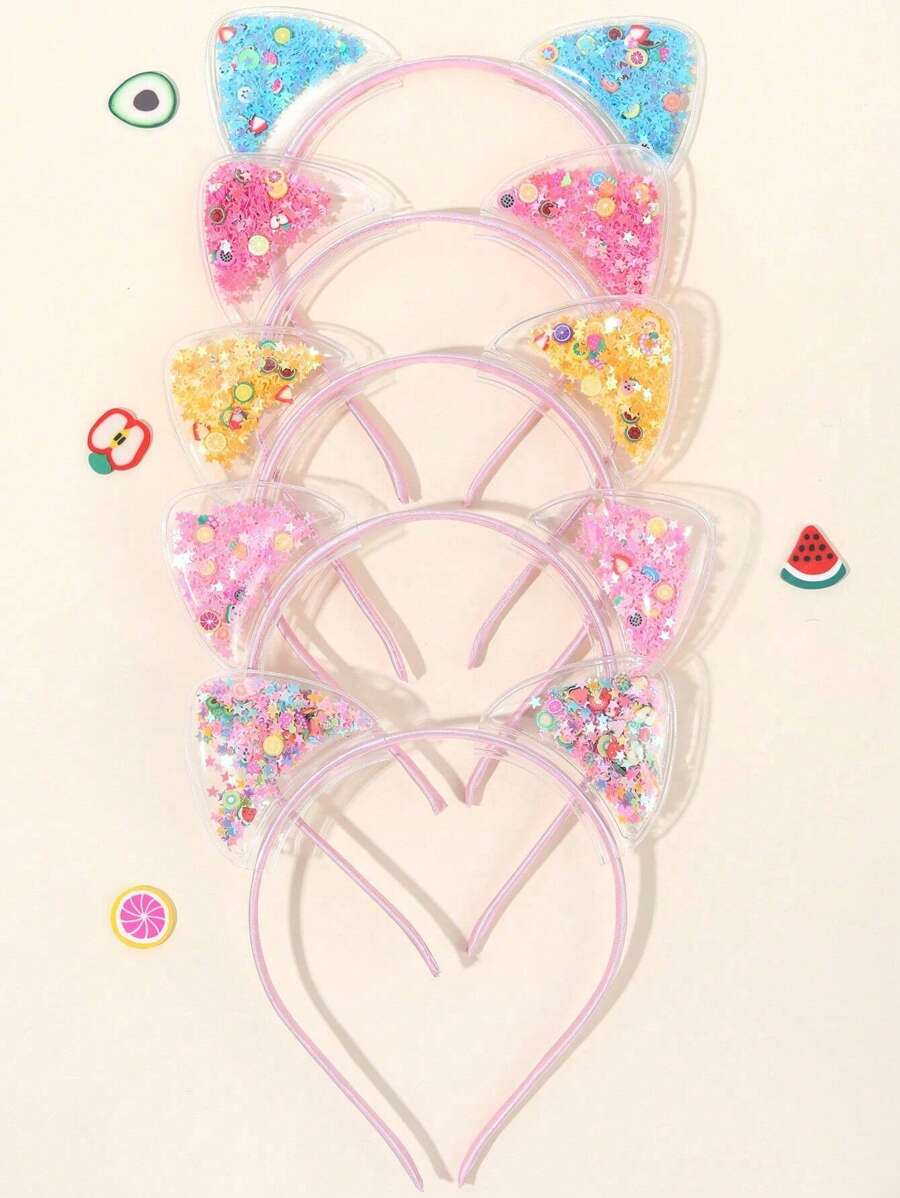 5pcs Girls Cute Cartoon Sweet Cat Ear Sequin Headband ,Multicolor Cat Ear Hairband For Kids,Cute Metal Headband Hair Accessories For Kids