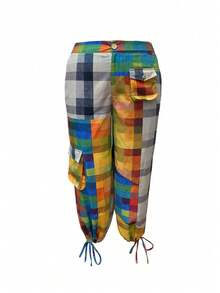 Street Color Contrast Bandage Patchwork Pockets Button Zipper Loose High Waist Wide Leg Patchwork Pants - màu sắc - Xem 4