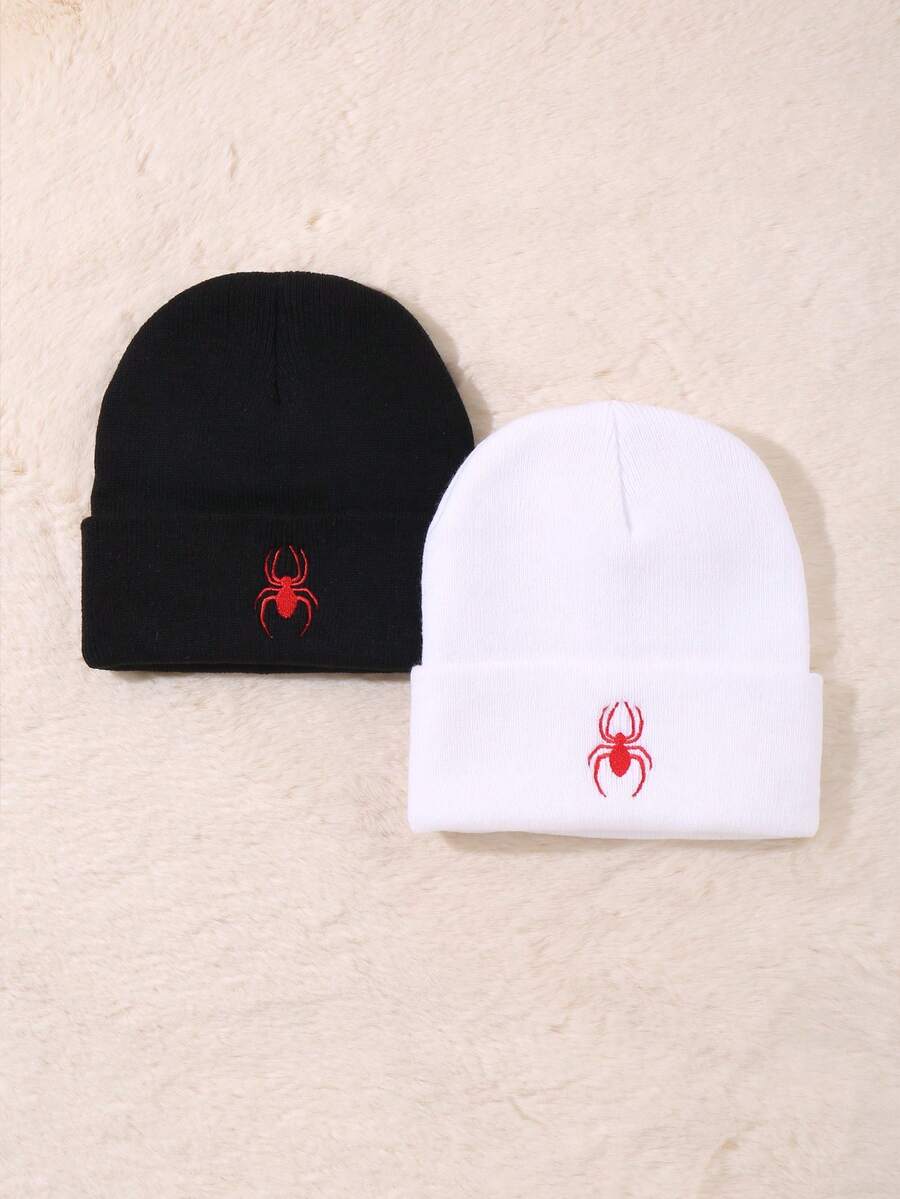 2 件 Y2K 蜘蛛刺绣帽子弹性可折叠女士男士针织帽保暖图案无檐帽，适合万圣节 - 彩色 - 查看 1