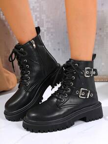 2025新款女士厚底复古百搭英伦风踝靴，适合春秋季 - 黑色 - 查看 7