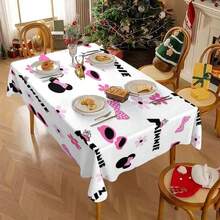 1pc Tablecloth Home Print Table Cute  Pattern Tablecloth - Adorable Black  Heads With Pink Polka Dot Bows, Pink Baby Shoes, And Pink And Purple Flowers Scattered Across A White