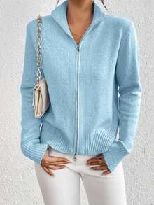 Womens Fall Long Sleeve Sweaters Casual Solid Color Stand Up Collar Knit Sweater For Spring Autumn Daily Office Wear - Blue - View 2