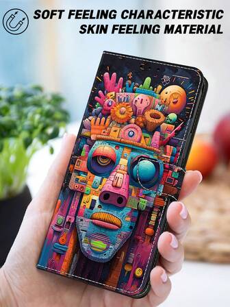 GLANDOTU Carteira Criativa e Colorida de Couro PU para Samsung Galaxy e Outras Marcas, Design de Padrão de Retrato Colorido, Borda Dupla Dobrável, Slots para Cartões e Bolso, Acompanha Cordão