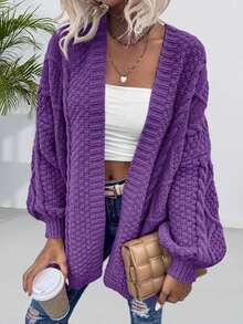 Women's Oversized Cardigan Sweater Front-Open Knitted Lantern Long Sleeve Thick Jacket - Màu tím - Xem 2
