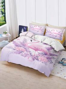 Juego de ropa de cama personalizado de 3 piezas, base morada con estampado de flamencos rosas, impresión de nombre personalizable, tela de poliéster, impresión digital, adecuado como regalo familiar de vacaciones para niñas - Multicolor - Ver 3