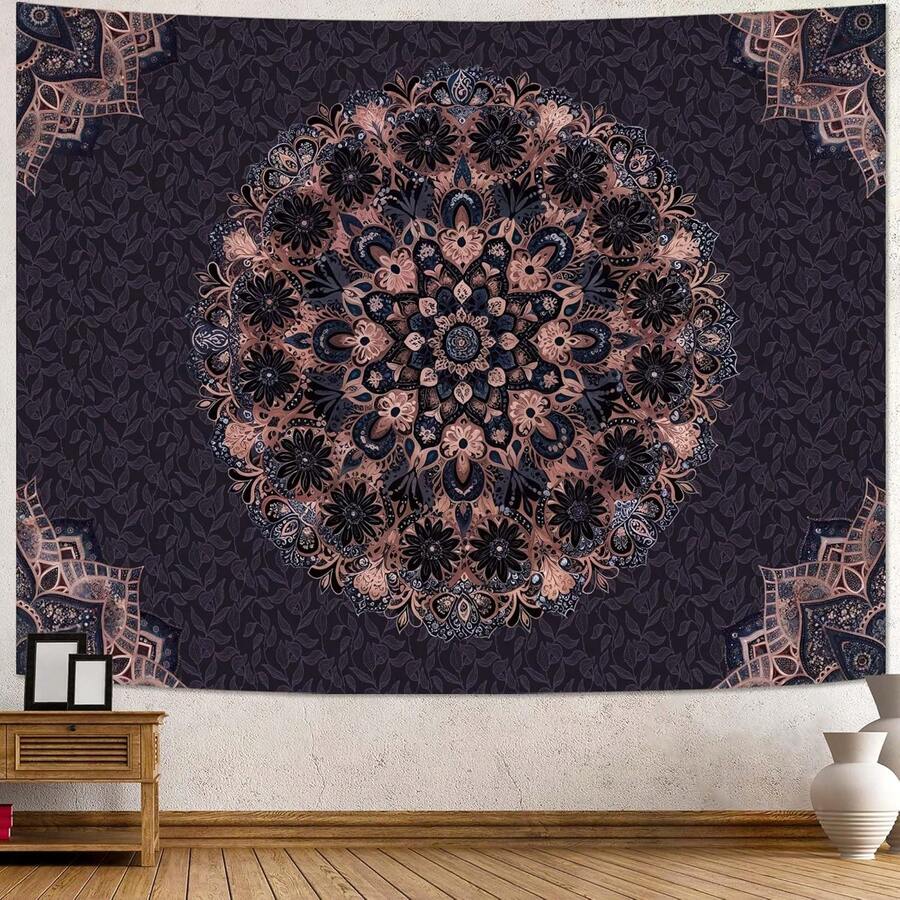 Boho Mandala Tapestry Wall Hanging Bohemian Floral Flower Medallion Tapestry Aesthetic Wall Art Large Green Yellow Hippie  Tapestries, Vintage Wall Decor Banner For Living Room Bedroom Dorm Home Decor(40x30inch/60x40inch/60x51inch/80x60inch) - 棕色 黑色 - 查看 1