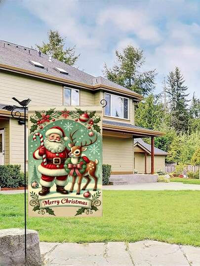 1pc/Christmas Garden Flag Santa Claus And Reindeer Flag Holiday Outdoor Yard Decoration 12x18 Inch Double Sided Winter Banner Candy Cane Snowflake Garland Seasonal Lawn Porch Patio Decoration (Flag Only)