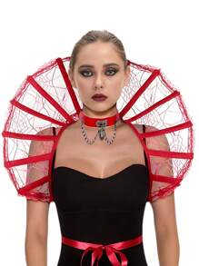 Victorian Collar Women's Stand Collar Cape, Gothic Vampire Lace Pointed Collar Dark Color Tie Cloak, Fan-Shaped Mesh Cape With Embroidered Spider Web Pattern, Witch Queen Vampire Themed Cosplay Props And Accessories Halloween - Lace - View 1