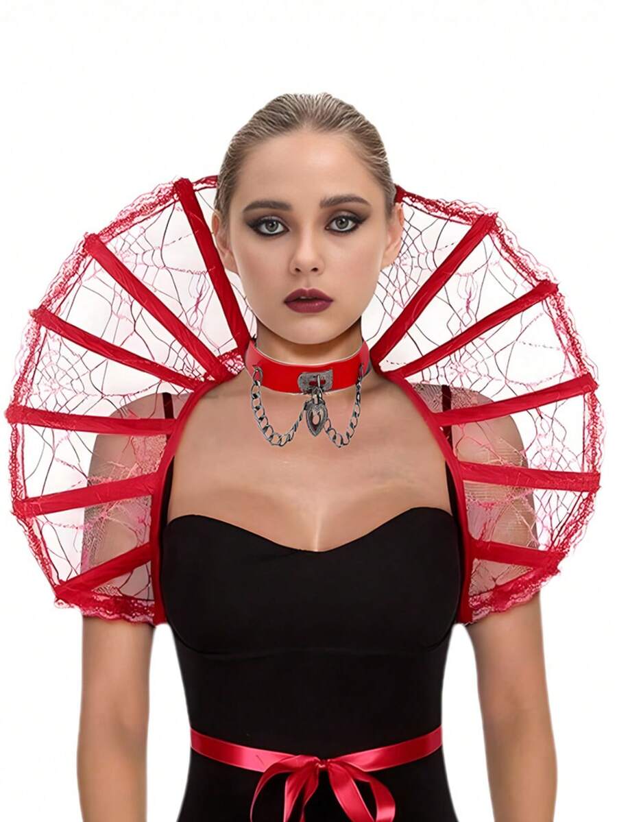 Victorian Collar Women's Stand Collar Cape, Gothic Vampire Lace Pointed Collar Dark Color Tie Cloak, Fan-Shaped Mesh Cape With Embroidered Spider Web Pattern, Witch Queen Vampire Themed Cosplay Props And Accessories Halloween - Lace - View 1