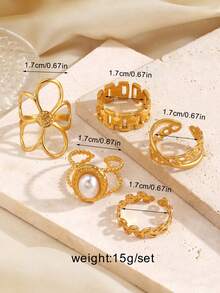 5pcs Stainless Steel 18K Gold Plated Fashionable Floral Oval Chain Open Rings, Suitable For Women's Daily Wear - Multicolor - View 4