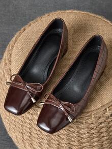 MonaNise Giày cao gót mũi vuông 3cm dành cho nữ, thích hợp đi làm, đi chơi, tiệc tối, trang trí nơ cổ điển, màu xanh navy, giày lười thời trang thường ngày - màu nâu - Xem 4