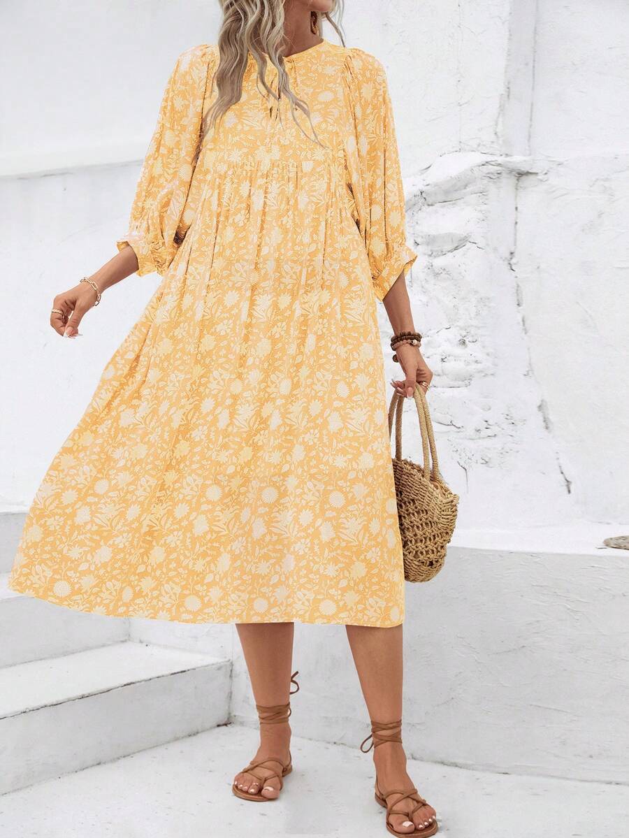 全印花繫頸圓弧袖連衣裙，時尚休閒日常穿著 - 黃色 - 查看 1