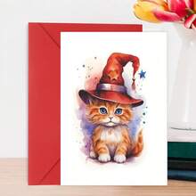 1 Stück süßer Halloween Zauber, orange getigerte Katze Hexe. Herbst Faltpostkarten mit farbigen Umschlägen, innen leer. Geschenke für sie, Freunde, Katzenliebhaber, 5*7 Zoll - mit dicken Umschlägen