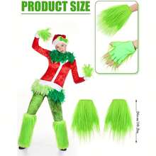 3 Pezzi Set Accessori Costume di Babbo Natale Mostro di Natale per Donna, con Coprigambe in Pelliccia Verde Finta, Guanti Verdi, Fiocco Peloso, Accessori per Costume Adulto, Decorazioni Natalizie per Casa e Stanza, Regali di Natale