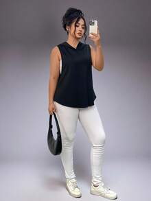 Áo thể thao nữ cỡ lớn, kiểu tank top, in chữ, không tay, có mũ trùm đầu, nhanh khô, dáng rộng, vạt cong. - màu đen - Xem 8