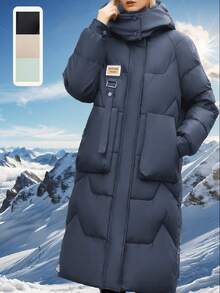 Women Solid Color Hooded Long Sleeve With Pockets Mid-Length Thickened Jacket - Navy Blue - View 3