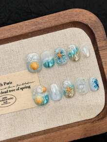 10Pcs Short Oval Handmade Press On Nails For Party And Daily Wear ,Blue Nails, Beautiful Starfish, Oval Nails,Cherry,Shiny And Dazzling,Easy To Wear 10Pcs Y2K Handmade Press On Nails,Summer Nails ,Summer Style,Suitable For Girls And Women Festivals Parties And Daily Wear Nail Supplies Nails