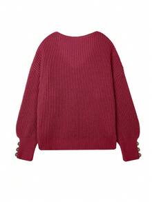 Women's All-Match Loose V-Neck Button Knit Sweater, Casual Versatile Lightweight Ribbed Pullover - Rose Red - View 6