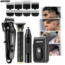 Juego de 4 piezas/3 piezas/1 pieza de cortapelos para hombres WEEME, kit de aseo con cortapelos, maquinilla, recortador de nariz, cuidado multifuncional del cabello y la barba para hombres, regalo ideal para uso en el hogar y viajes, recargable por USB