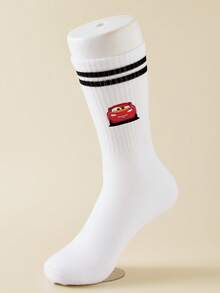 Disney 1/5双装汽车卡通图案中筒袜，运动双条纹，可爱卡通设计，防臭透气休闲百搭船袜，适合学生/成人作为礼物和日常穿着，袜子 - 白色 - 查看 5
