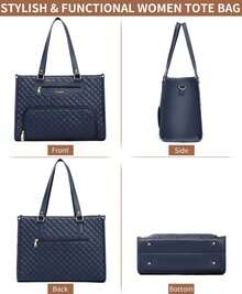 Lunch Tote Bag For Women, 15.6 Inch Laptop Work Bag With Insulated Lunch Box Compartment & Purse Large Capacity Quilted Computer Handbag For Office Business Work Nurse Teacher Moms Travel Casual - 藍色 - 查看 9