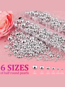 12 格 3D Ab 银色半珍珠指甲饰物，2000 件平底半圆形珍珠用于美甲，6 种尺寸 Ab 金色珍珠珠子水钻用于美甲设计 DIY 工艺品珠宝制作衣服鞋子装饰美甲用品指甲美甲宝石 - 銀色 - 查看 3