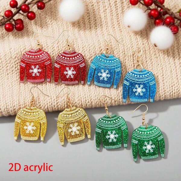 4 أزواج/مجموعة، أقراط مطبوعة بطبعة موضوع عيد الميلاد من الأكريليك أحادي الجانب بشكل كنزة صوفية مزينة بالبريق (مناسبة لحفلات العطلات / ملابس عيد الميلاد)