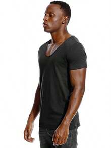 Deep V Neck T Shirt For Men Low Cut Scoop Tee Invisible Tshirt Vee Top - 黑色 - 查看 3