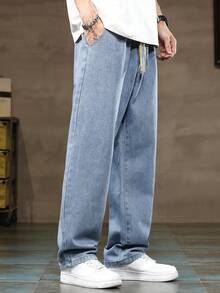 2pcs Men's Drawstring Elastic Waist Washed Loose Straight Leg Jeans, Versatile Wide Leg Jeans With Pockets For Everyday Wear - Multicolor - View 3