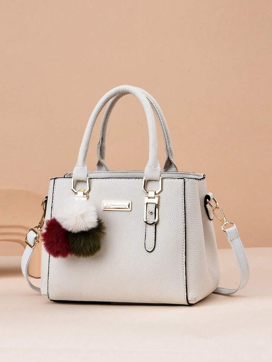 Litchi Embossed Square Bag Pom Pom Decor PU, Mother's Day Gift For Mom, Best Mother's Day Gifts Ever